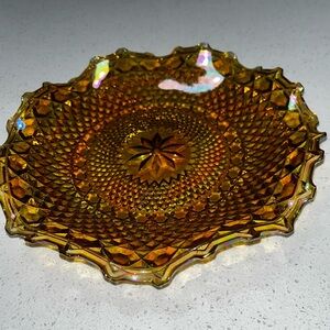 STUNNING! Vintage Amber Carnival Glass Platter 10.25” Heavy Iridescent Scalloped